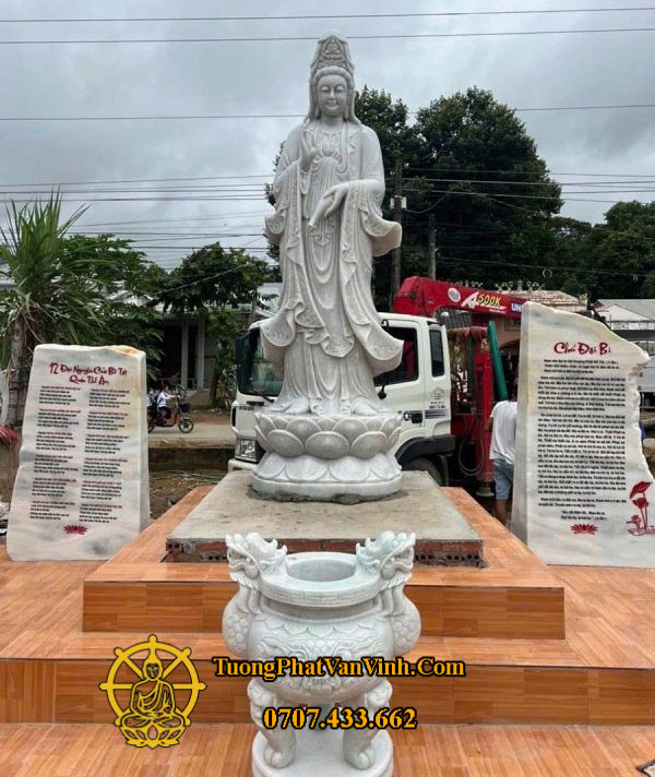 Tượng Phật Bà Quan Âm Bồ tát bằng đá trắng tự nhiên cao 3 mét (QA006)