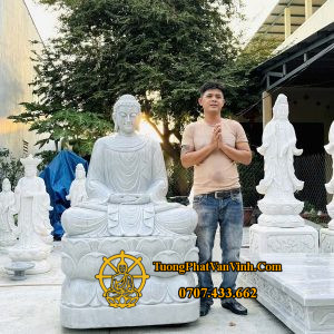 Tượng Phật Bổn Sư Thích Ca bằng đá cẩm thạch xám nguyên khối cao 1,6 mét (TC001)