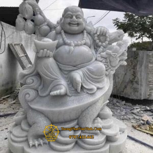 Mẫu tượng Phật Di Lặc ngồi trên Long Quy bằng đá cẩm thạch trắng tự nhiên cao 1,2 mét (DL008)
