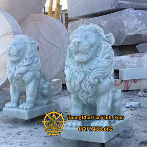 Mẫu cặp sư tử ngồi bằng đá trắng xanh cao 1 mét(ST007)