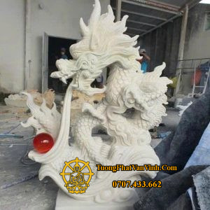Tượng Lưỡng Long Tranh Châu bằng đá trắng nguyên khối cao 1,27 mét (R002)